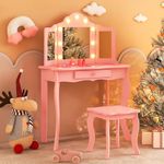 Costzon Kids Vanity, Girls Vanity Set with Mirror and Stool and Lights, Drawer, 2 in 1 Wooden Princess Makeup Desk Dressing Table, Toddler Vanity, Pretend Play Kids Vanity Table and Chair Set (Pink)