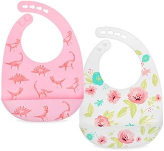 Nuby 2 Pack Adjustable Easy Clean Soft Silicone Bibs with Scoop, Pink Dinosaurs & Flowers