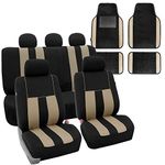 FH GROUP FH-FB036115 + F14407 Combo Set: Striking Striped Seat Covers with Premium Carpet Floor Mats Beige / Black Color- Fit Most Car, Truck, Suv, or Van