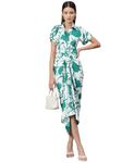 Cottinfab Women White and Green Short Sleeves Floral Print Crepe Shirt Midi Dress