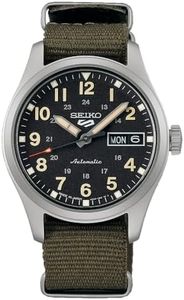 Seiko Watch Five Sports Mid Size FIELD Wristwatch, Silver/Black/Band: Khaki Green (Nylon), Sports style