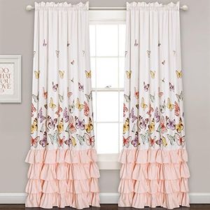 Lush Decor Flutter Butterfly Curtains | Ruffle Print Design Window Panel Set for Living, Dining, Bedroom (Pair), 84” x 52”, Pink