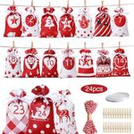 Suithink Christmas Advent Calendar Gift Bags 24 Days Hanging Advent Calendar Candy Gift Drawstring Bag Countdown Decoration with Advent Numbers Stickers, Clips, Rope