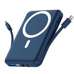 Yiisonger Magnetic Wireless Power Bank 10000mAh, Mag-safe Battery Pack, Portable Charger with Built in Cables Fast Charging LED Display Compatible with MagSafe for iPhone16/15/14/13/12 Series (Blue)