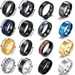 SAMOCO 16 Stainless Steel Band Rings for Men Women Cool Fidget Spinning Chain Ring Anxiety Relief Wedding Engagement Black Ring Set Size 7-11, Metal, No Gemstone