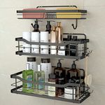 stusgo Shower Shelf Shower Wall Caddy Bathroom Shower Shelves with 4 Hooks Stainless Steel Adhesive Shower Organizers for Inside Shower, 3 Pack Black Shower Caddy