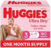 Huggies Ultra Dry Nappies Girls Size 3 (6-11kg) 180 Count - One Month Supply (Packaging May Vary)