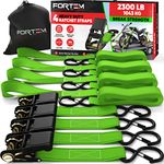 FORTEM Ratchet Straps, 2300lb Break Strength, 4 15ft Tie Down Strap Set, 4 Soft Loops, Motorcycle Straps Tie Downs, Cargo Straps for Trucks, Rubber Handles, Coated Metal Hooks, Carry Bag (Green)