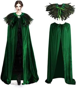 Unisex Deluxe Velvet Adult Cape with Real Natural Gothic Feather Cape Halloween Green Feather Cloak