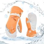 Vgo... 1Pair -20℃/-4°F or Above Age 11-12 Warm Ski Gloves for Girls, Mitten Design,Goat Leather Winter Snow Gloves,Outdoor Waterproof Gloves(Szie M,Orange,GA2475FLWP)