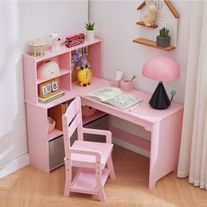 GarveeHome Kids Desk and Chair Set, Kids Corner Desk, Kids Study Table with Bookshelf, Cloth Drawer and Bulletin Board for Girls, Pink