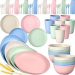 Mimorou 64 Pcs Straw Dinnerware Sets Reusable Unbreakable Lightweight Set RV Camping Dishes Plates Cups and Bowls Plastic Microwave Safe for Kitchen Indoor