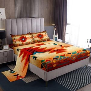 Western Bedding Set King Size,Southwest Bed Sheet for Kids Teens Women Men,Aztec Tribal Bohemian Fitted Sheet 4Pcs Vintage Geometry Striped Orange Red Rustic Top Flat Sheet Bedroom Decor