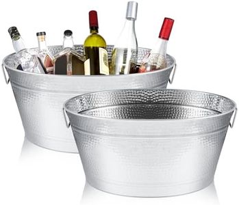 Uiifan 2 Pcs 24 Quart 6 Gallon Hammered Stainless Steel Beverage Tub Heavy Duty Oval Metal Large Ice Bucket for Drinks Bucket Cooler Ice Container for Bar Wedding Parties Anniversary Wine (Silver)