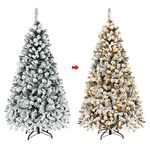 GYMAX 6FT Pre-Lit Christmas Tree, Hinged Artificial Snow Flocked Xmas Tree with 600 Branch Tips, 250 LED Lights and Metal Stand, Holiday Decor for Living Room, Doorway and Shop