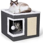 Sisliya Multifunction Cat House,2 Layer Cat Bed for Indoor Cats,Cat Nest,Foldable Cat Cube Cave,Large Pet Play House with Fluffy Ball Hanging,Scratch Pad (SS-01)