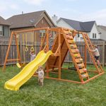 Avenlur Sycamore Wooden Swing Set with Climbing Ladder, 2 Belt Swings & Trapeze Bar – Outdoor Backyard Jungle Gym Playground for Kids – Heavy Duty Wooden Playset
