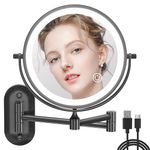 Auxmir Rechargeable Wall Mounted Lighted Makeup Mirror, 8" Double Sided 1X/10X Magnifying Vanity Mirror, 3 Color Lights Touch Dimmable Bathroom Cosmetic Mirror with 360° Swivel Extendable Arm, Black