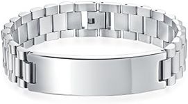 Customizable Identification Tag Name Plated Curb Watchband ID Bracelet for Men Personalized Name Engraved Silver Tone Stainless Steel 8.5 Inch