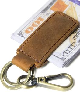 RUNROLE Genuine Leather Magnetic Money Clip with Car Keychain, Cash Card Holder, Slim Leather Money Clip for Men and Women（Tan）