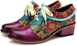 Women's Handmade Lambskin Oxford Loafers Shoes with Retro Ethnic Printed Style, Brock Design for Casual and Fashion Collegiate Style（Purple B 9.5）