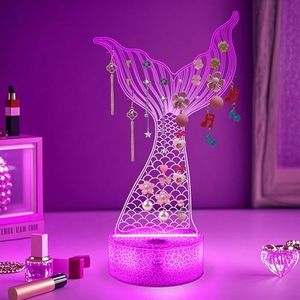 CoolGift Mart 3D Glowing Acrylic Mermaid Earring Organizer - 16-Color LED Display with 33 Earring Holes & Smart Mood Lighting with Timer