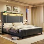 ROLETALENT King Bed Frame with Storage Tall Headboard & LED Light,Velvet Upholstered Bed Frame King with Charging Station,Platform Bed Frame,No Box Spring Needed Dark Grey