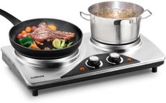 Double Hot Plate, CUSIMAX Electric Plate for Cooking Portable Hob, Cooktop Table Top Hob with 2 Cast Iron Rings Burner Dual Temperature Control Stainless Steel, Silver (ES-3206)