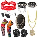 10Pcs Rockstar Fancy Dress Kids Men,80s Rock Star Costume Punk Accessories for Boys,Tattoo Sleeves Sunglasses Gold Chain Bracelets Gloves Waist Chains Bandana Disco Popstar Outfit