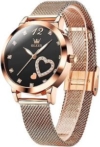OLEVS Rose Gold Watches for Women Black Dial Diamond Watch Easy to Read Thin Wrist Ladies Watches with Stainless Steel Mesh Band Casual Heart Accent Water Resistant Women's Analog Quartz Watch