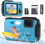 Underwater Camera, 5K 64MP 16FT Waterproof Digital Camera, WiFi 16X Digital Zoom Dual-Screen Selfie Underwater Camera For Snorkeling Travel Water Camera with Fill Light, Lanyard & 32GB TF Card (Blue)