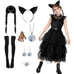 Ficlwigkis Black Dress World Book Day Costumes for Girls with Wig Necklace Earring Accessories for World Book Day Halloween Costume Girls (Style 2, 150)