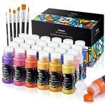 Ohuhu Acrylic Paint Set 24 Acrylic Colours Painting kit Waterproof 20 Basic & 4 Metallic Painting Colours Acrylic Paints with 6 Brushes for Fabric Canvas Glass Woods Rocks Patio Statues Last 3-4 Years