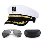 Yacht Captain Adults Hat - Sailor Cap Adjustable Cosplay Cap Party Accessories Set with Aviator Sunglasses (White)