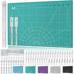 Miuzei Cutting Mat Set A3 with 55 Pieces Craft Knife and Steel Ruler, Self-Healing Craft Mat Cutting Mat Craft Drawing Mat Craft Scalpel Craft Mat