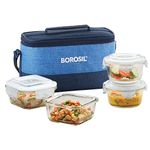 Borosil Prime Universal Lunchbox | 4pc Container Set (320ml x 2 Square + 240 ml x 2 Round) | Borosilicate Glass | Microwave & Dishwasher Safe | Tiffin for Office/School/College | Blue, Transparent