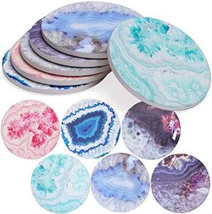 Enkore Absorbent Coasters for Drinks,Crystal Agate Style Designs On Large Ceramic Stone with Cork Backing, Drink Spills Coaster Set of 6, Oversize Better Protects Furniture from Damage