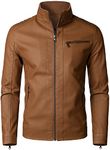 HOOD CREW Men's Stand Up Collar PU Faux Leather Jacket Zipper Motorcycle Bomber Jacket