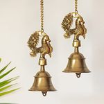 ExclusiveLane 'Peacock' Brass Decorative Hanging Bells for Home Decoration (Set of 2, Pure Brass, 3.7X 3.7 x 7.7 Inch, 2.2 Kg) |Brass Bell Hanging Decorative Items Bell for Mandir Bell for Pooja Room