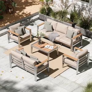 Oasbira Aluminum Outdoor Patio Furniture Set with Coffee Table, 5 Piece Outdoor Conversation Sets with Washable Thick Cushions, Patio Sectional Furniture Set for Porch, Lawn, Garden, Silver