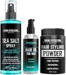 Viking Revolution Sea Salt Spray for Hair Men (8fl oz), Hydrating Hair Oil for Men with Vitamin E (3.38fl oz) and Styling Powder (1oz) - Mens Styling Texturizing Kit