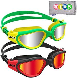 OMID Kids Swim Goggles, 2 Packs P2 Comfortable Polarized Unisex-child Swimming Goggles, Anti-Fog No Leaking Swim Goggles for Children with UV Protection Age 6-14 (Green Silver+Black Blue)
