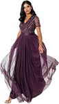 Maya Deluxe Women's Maxi Dress Ladies Bridesmaid V-Neck Ball Gown Short Sleeves Long Elegant Empire Waist Wedding, Berry, 22