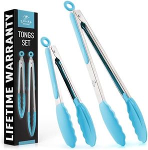 Zulay Stainless Steel Kitchen Tongs with Silicone Tips - Set of 2 (9�” & 12”) Locking Cooking Tongs with Non-Slip Grip - Heat Resistant, BBQ Food Tongs for Non-Stick Cooking Pans (Silver/Light Blue)