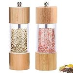 Salt and Pepper Mills Set, Wooden Manual Refillable Salt and Pepper Grinders, with Adjustable Ceramic Mechanism, 6 inch Acrylic Spice Shaker, for Sea Salt, Chili, Sesame-2 Packs