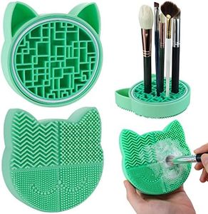 Mygeromon Makeup Brush Cleaning Mat with Drying Holder for Sink- Silicone Washing Cosmetic Cleaner Pad (Green)