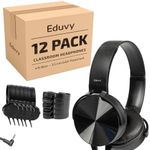 Eduvy Bulk Headphones for Classroom, 12 Pack Durable Wired School Headphones for Students. Teacher Must Haves Supplies from Elementary to College (Black Color)