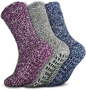 Daventry Thick Fuzzy Grippy Socks for Women and Men | Slipper Socks for Women | No Slip Non Skid Grip, Purple, Green, Blue (3 Pair), Medium-Large