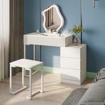 Dressing Table with Mirror and Stool Set, Modern Vanity Table Makeup Desk with 3 Color Lights Mirror & 5 Drawers, Bedroom White Dressing Table Set Cosmetics Dresser with Side Cabinet for Girls Women
