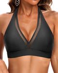 Tempt Me Women Halter Bikini Top Padded Swimsuit Top V Neck Bathing Suit Tops Only, Black-mesh, X-Large